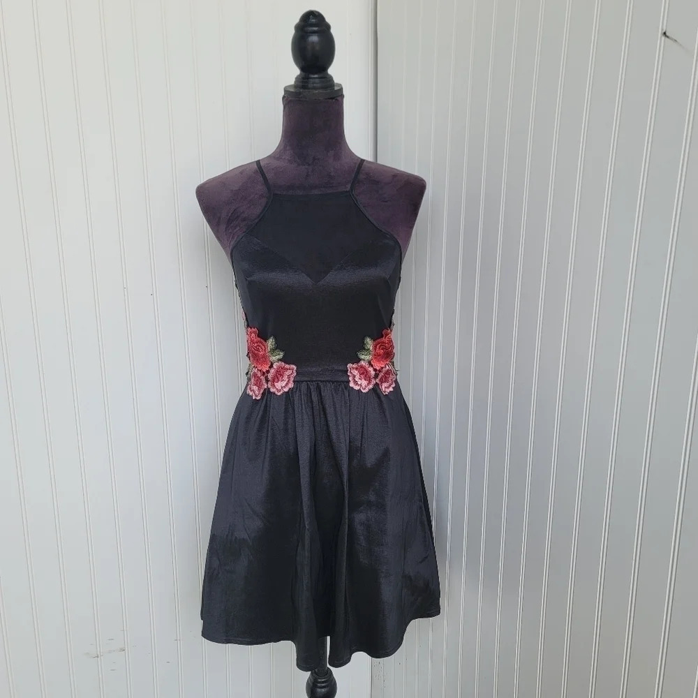 Teeze Me Women's Trendy Women's Black Fit & Flare Dress Red Roses Mesh Sz S